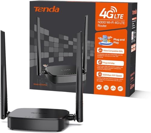 Tenda 4G03 Pro - Router 4G SIM, WiFi Móvil 3G/4G, Banda Inalámbrica 2.4 GHz Wi-Fi 300Mpbs, LTE CAT4 150Mpbs, Antena Externa 2*4dBi, Puerto LAN/WAN Fast Ethernet, Tarjeta NANO SIM, Plug & Play